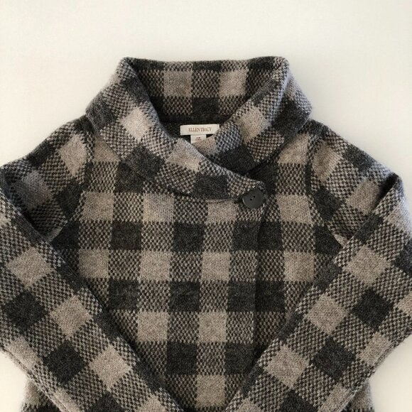 Ellen Tracy Check Pattern Long Sleeve Shawl Collar Sweater Jacket Grey Size M - Picture 3 of 13